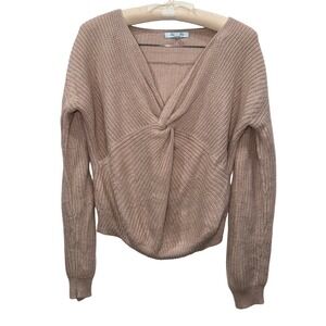 She Sky Knit Sweater Twist Front V Neck Long Sleeve Beige Women's Medium